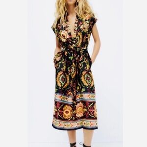 Zara Gold and Red Midi Sundress with Plunge Neckline